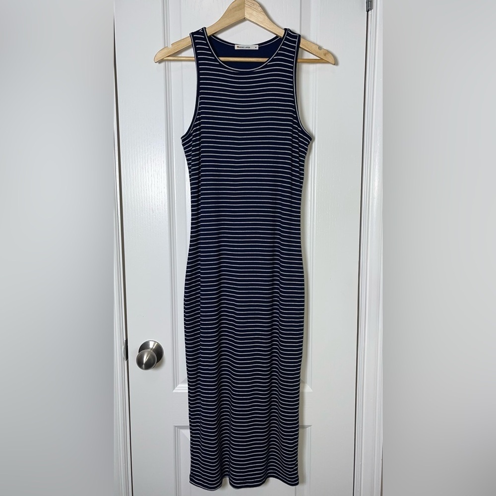 Marine Layer Lexi Rib Daytime Midi Dress Navy White Stripe Size Medium - Picture 2 of 5
